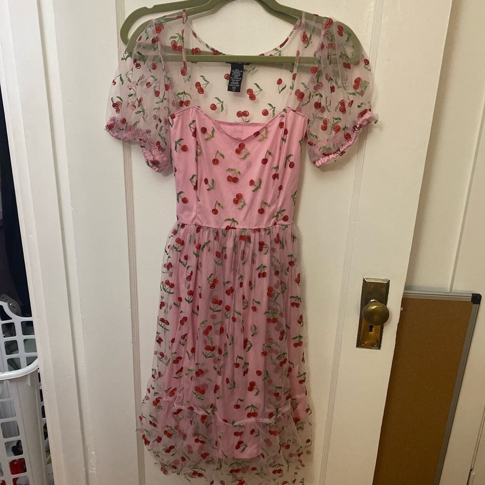 Hot topic cherry dress with poof sleeves and glitter fit and flair
